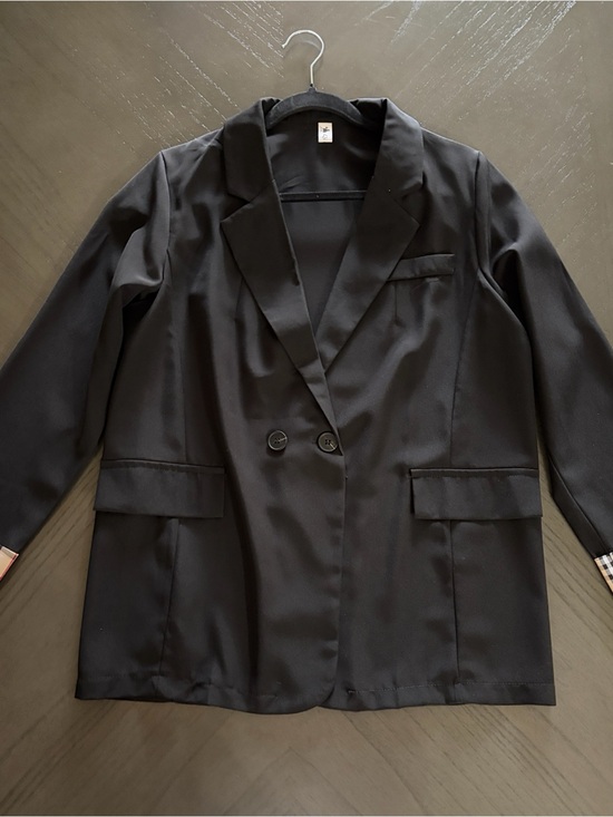 Jackets & Blazers - Black Double-Breasted Blazer with Plaid Cuff Trim